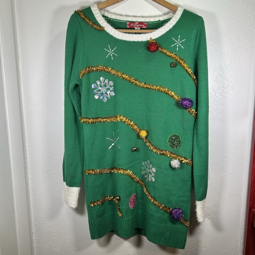 NWT 33 Degrees Sweater Dress Women M Ugly Christmas Tree Sequin Bow Jingle Bell